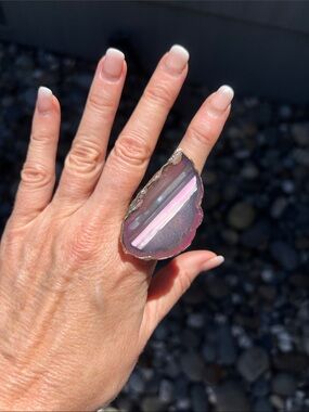 Purple and Pink Agate Adjustable Ring with Gold Edge